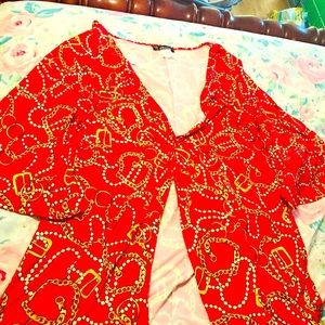 Faux wrap red Cuban link print red blouse